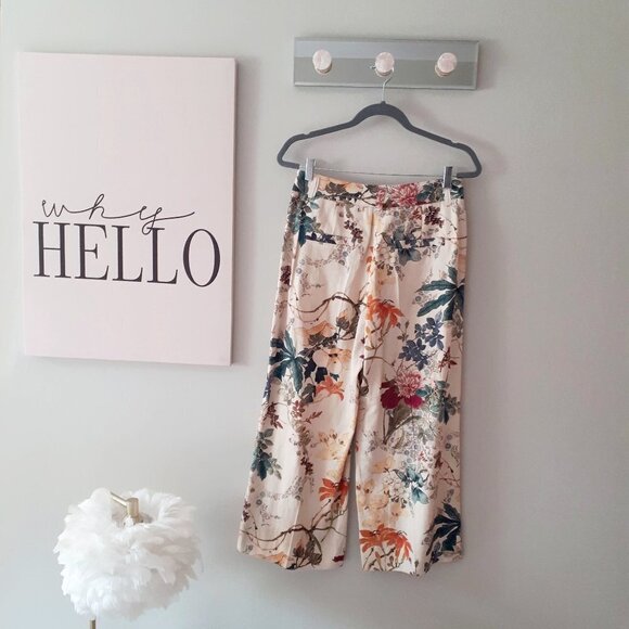 NWOT Seductive Pants cream beige floral print wide leg linen blend culottes, 36 - Picture 11 of 13